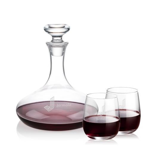 Corporate Recognition Gifts - Etched Barware - Elliston Decanter & Crestview Stemless Wine Set