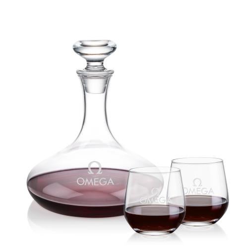 Corporate Recognition Gifts - Etched Barware - Elliston Decanter & Garland Stemless Wine Set