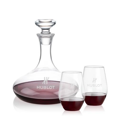 Corporate Recognition Gifts - Etched Barware - Elliston Decanter & Vale Stemless Wine Set