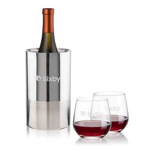 Corporate Recognition Gifts - Etched Barware - Catania Wine Cooler & Garland Stemless Wine Set