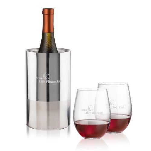 Corporate Recognition Gifts - Etched Barware - Catania Wine Cooler & Redmond Stemless Wine Set