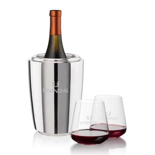 Corporate Recognition Gifts - Etched Barware - Pescara Wine Cooler & Breckland Stemless Wine Set