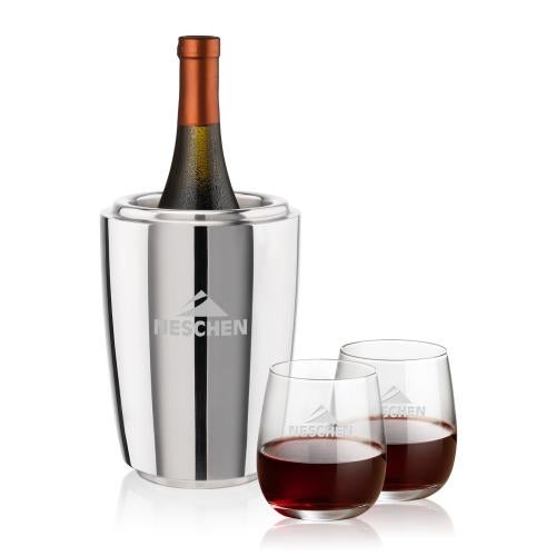 Corporate Recognition Gifts - Etched Barware - Pescara Wine Cooler & Crestview Stemless Wine Set