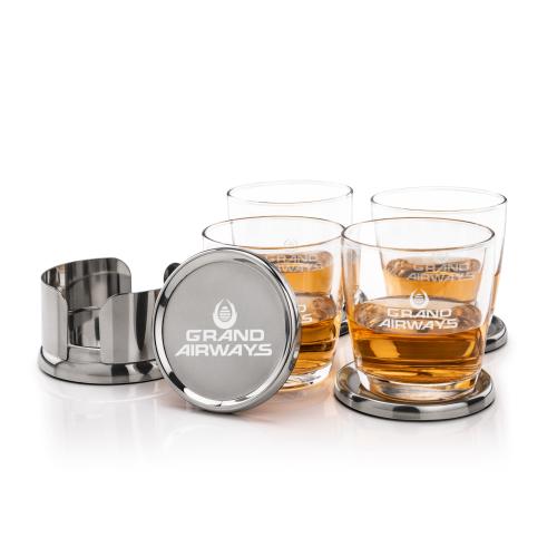 Corporate Recognition Gifts - Etched Barware - Baldoni Coasters & Carberry On-the-Rocks Set