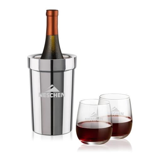 Corporate Recognition Gifts - Etched Barware - Milano Wine Cooler & Crestview Stemless Wine Set