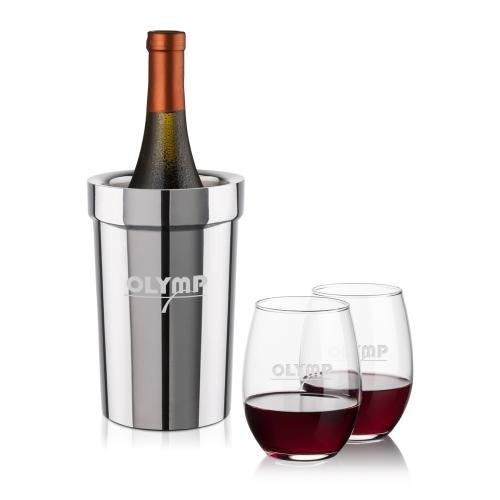 Corporate Recognition Gifts - Etched Barware - Milano Wine Cooler & Stanford Stemless Wine Set