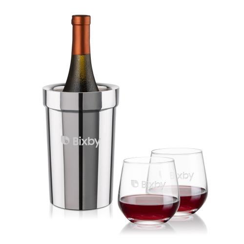 Corporate Recognition Gifts - Etched Barware - Milano Wine Cooler & Garland Stemless Wine Set