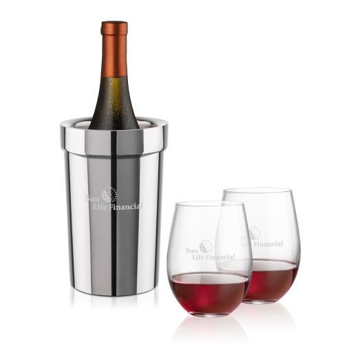 Corporate Recognition Gifts - Etched Barware - Milano Wine Cooler & Redmond Stemless Wine Set