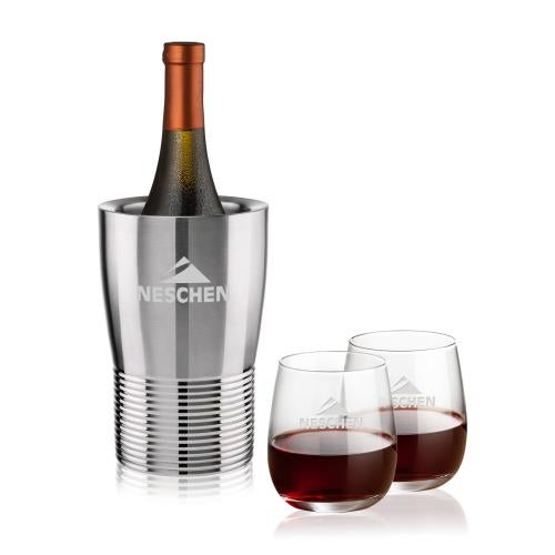 Corporate Recognition Gifts - Etched Barware - Genoa Wine Cooler & Crestview Stemless Wine Set