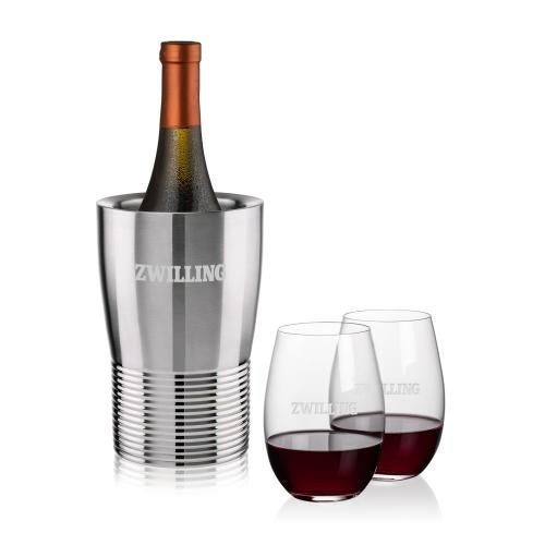 Corporate Recognition Gifts - Etched Barware - Genoa Wine Cooler & Laurent Stemless Wine Set