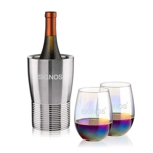 Corporate Recognition Gifts - Etched Barware - Genoa Wine Cooler & Miami Stemless Wine Set