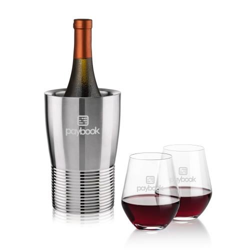 Corporate Recognition Gifts - Etched Barware - Genoa Wine Cooler & Reina Stemless Wine Set