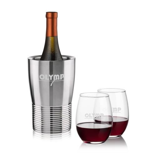Corporate Recognition Gifts - Etched Barware - Genoa Wine Cooler & Stanford Stemless Wine Set