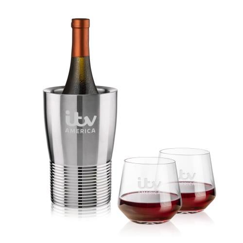 Corporate Recognition Gifts - Etched Barware - Genoa Wine Cooler & Sturgis Stemless Wine Set