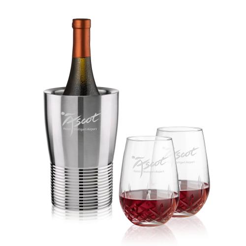 Corporate Recognition Gifts - Etched Barware - Genoa Wine Cooler & Templeton Stemless Wine Set