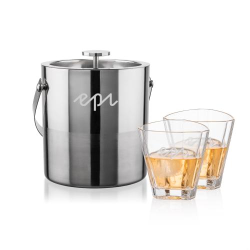 Corporate Recognition Gifts - Etched Barware - Catania Ice Bucket & Arrellano On-the-Rocks Set