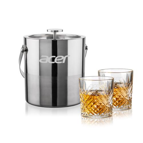 Corporate Recognition Gifts - Etched Barware - Catania Ice Bucket & Milford On-the-Rocks Set