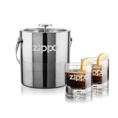 Corporate Recognition Gifts - Etched Barware - Catania Ice Bucket & Montana On-the-Rocks Set