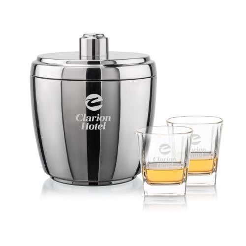 Corporate Recognition Gifts - Etched Barware - Pescara Ice Bucket & Arcadia On-the-Rocks Set