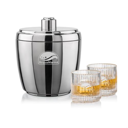 Corporate Recognition Gifts - Etched Barware - Pescara Ice Bucket & Dillard On-the-Rocks Set