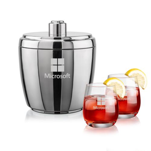 Pescara Ice Bucket & Salem On-the-Rocks Set Corporate Recognition Gifts - Etched Barware - Pescara Ice Bucket & Salem On-the-Rocks Set