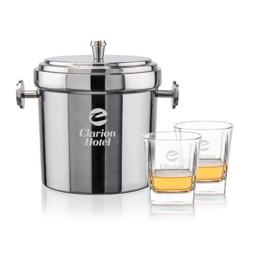 Corporate Recognition Gifts - Etched Barware - Milano Ice Bucket & Arcadia On-the-Rocks Set
