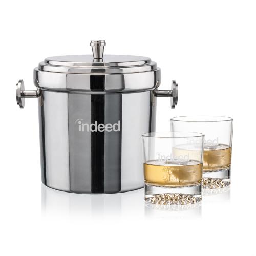 Milano Ice Bucket & Buxton On-the-Rocks Set Corporate Recognition Gifts - Etched Barware - Milano Ice Bucket & Buxton On-the-Rocks Set