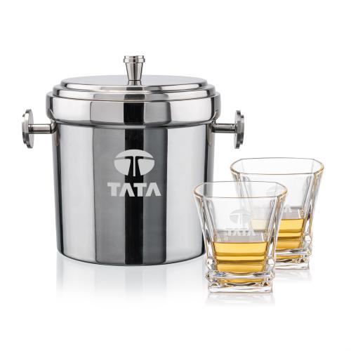 Corporate Recognition Gifts - Etched Barware - Milano Ice Bucket & Bentley On-the-Rocks Set