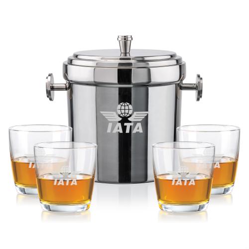 Milano Ice Bucket & Carberry On-the-Rocks Set Corporate Recognition Gifts - Etched Barware - Milano Ice Bucket & Carberry On-the-Rocks Set
