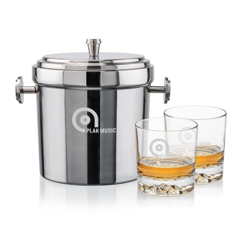 Milano Ice Bucket & Cassidy On-the-Rocks Set Corporate Recognition Gifts - Etched Barware - Milano Ice Bucket & Cassidy On-the-Rocks Set