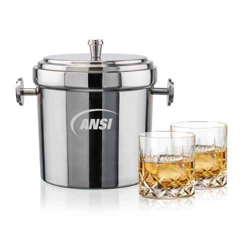 Milano Ice Bucket & Denby On-the-Rocks Set Corporate Recognition Gifts - Etched Barware - Milano Ice Bucket & Denby On-the-Rocks Set