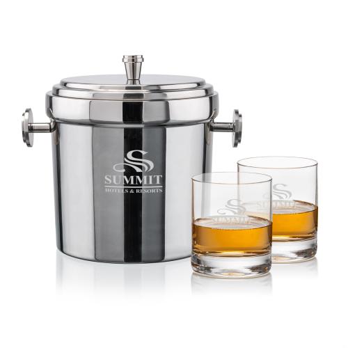 Milano Ice Bucket & Dresden On-the-Rocks Set Corporate Recognition Gifts - Etched Barware - Milano Ice Bucket & Dresden On-the-Rocks Set