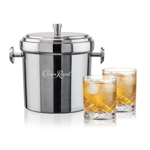 Corporate Recognition Gifts - Etched Barware - Milano Ice Bucket & Durham On-the-Rocks Set