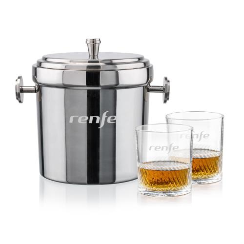 Milano Ice Bucket & Drysdale On-the-Rocks Set Corporate Recognition Gifts - Etched Barware - Milano Ice Bucket & Drysdale On-the-Rocks Set