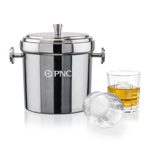 Milano Ice Bucket & Fortino On-the-Rocks Set Corporate Recognition Gifts - Etched Barware - Milano Ice Bucket & Fortino On-the-Rocks Set