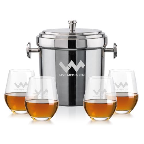 Milano Ice Bucket & Graydon On-the-Rocks Set Corporate Recognition Gifts - Etched Barware - Milano Ice Bucket & Graydon On-the-Rocks Set