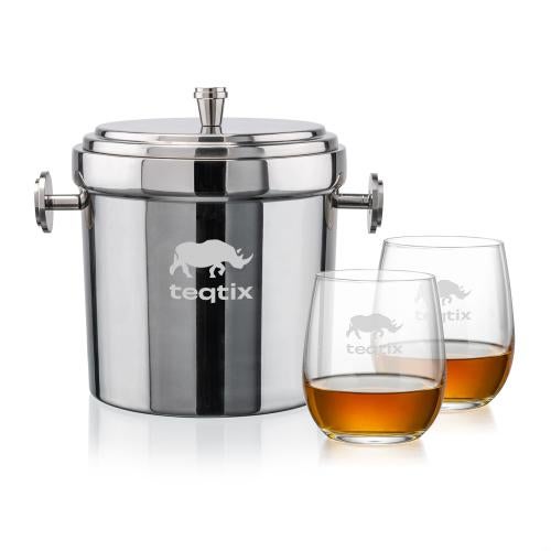 Milano Ice Bucket & Gibson On-the-Rocks Set Corporate Recognition Gifts - Etched Barware - Milano Ice Bucket & Gibson On-the-Rocks Set