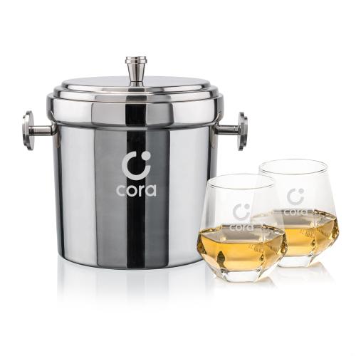 Milano Ice Bucket & Hartsdale On-the-Rocks Set Corporate Recognition Gifts - Etched Barware - Milano Ice Bucket & Hartsdale On-the-Rocks Set