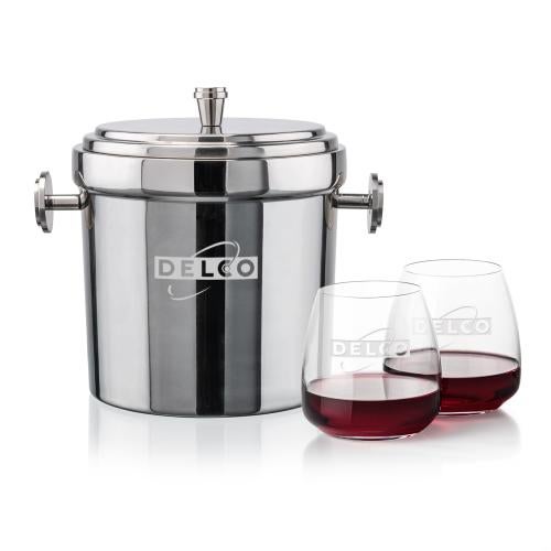 Milano Ice Bucket & Hogarth On-the-Rocks Set Corporate Recognition Gifts - Etched Barware - Milano Ice Bucket & Hogarth On-the-Rocks Set