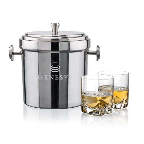 Milano Ice Bucket & Hillcrest On-the-Rocks Set Corporate Recognition Gifts - Etched Barware - Milano Ice Bucket & Hillcrest On-the-Rocks Set