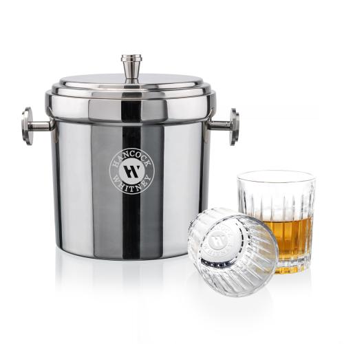 Milano Ice Bucket & Hartmann On-the-Rocks Set Corporate Recognition Gifts - Etched Barware - Milano Ice Bucket & Hartmann On-the-Rocks Set