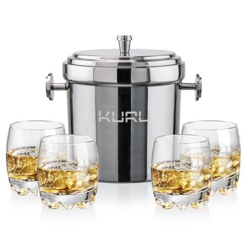 Milano Ice Bucket & Haddington On-the-Rocks Set Corporate Recognition Gifts - Etched Barware - Milano Ice Bucket & Haddington On-the-Rocks Set