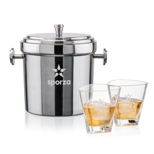 Milano Ice Bucket & Millwood On-the-Rocks Set Corporate Recognition Gifts - Etched Barware - Milano Ice Bucket & Millwood On-the-Rocks Set