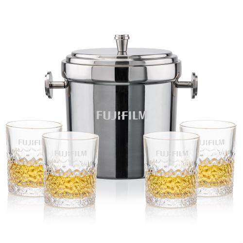 Milano Ice Bucket & Oakham On-the-Rocks set Corporate Recognition Gifts - Etched Barware - Milano Ice Bucket & Oakham On-the-Rocks set