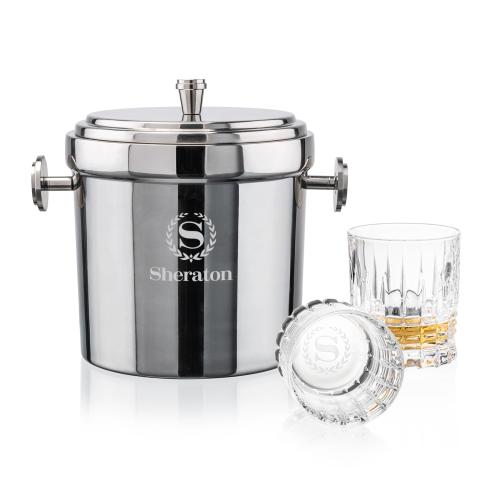 Corporate Recognition Gifts - Etched Barware - Milano Ice Bucket & Princeton On-the-Rocks Set