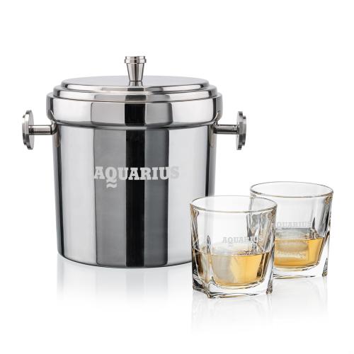 Milano Ice Bucket & Riddell On-the-Rocks Set Corporate Recognition Gifts - Etched Barware - Milano Ice Bucket & Riddell On-the-Rocks Set