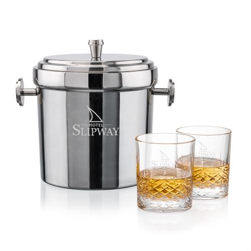 Milano Ice Bucket & Templeton On-the-Rocks Set Corporate Recognition Gifts - Etched Barware - Milano Ice Bucket & Templeton On-the-Rocks Set