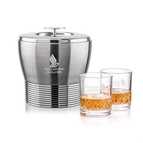 Genoa Ice Bucket & Heceta On-the-Rocks Set Corporate Recognition Gifts - Etched Barware - Genoa Ice Bucket & Heceta On-the-Rocks Set