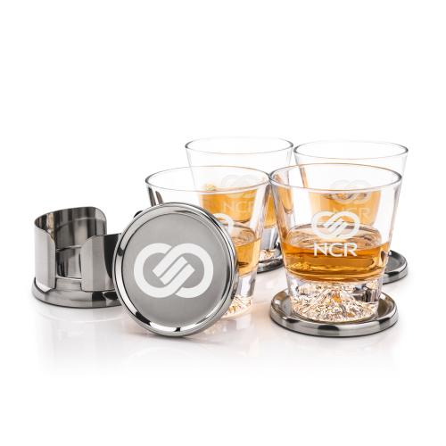 Corporate Recognition Gifts - Etched Barware - Baldoni Coasters & Aspen On-the-Rocks Set