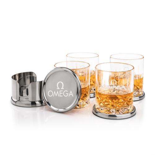 Corporate Recognition Gifts - Etched Barware - Baldoni Coasters & Denby On-the-Rocks Set